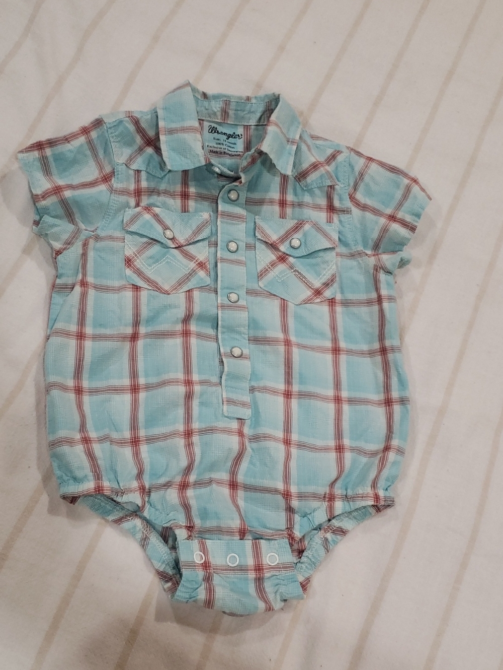 Wrangler Baby Plaid Snap Romper - Aqua & Red
